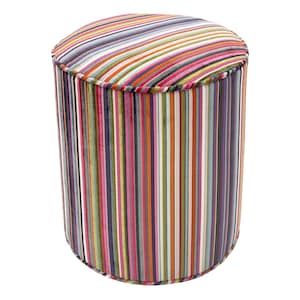 May include: A cylindrical upholstered ottoman with a colorful striped pattern. The stripes are vertical and feature a variety of colors including pink, orange, green, and purple. The top and bottom edges are rounded.