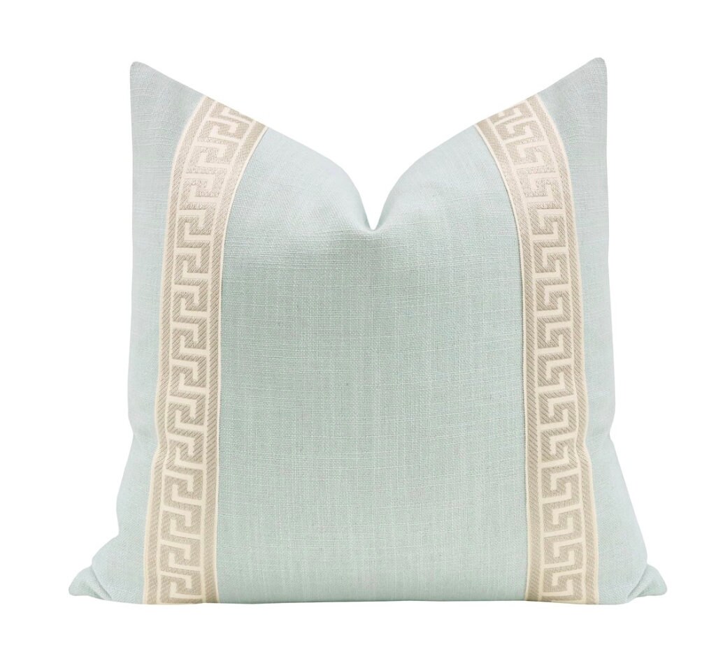 Signature Linen // Spa Blue Greek Key Trim // Cashmere Etsy