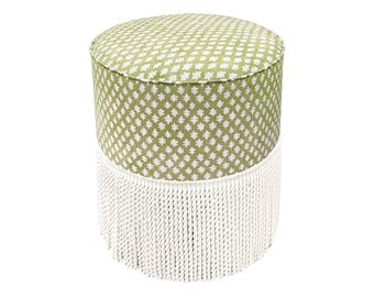 The Tight Round Ottoman : Tilly Print // Celadon | green ottoman | round stool | upholstered ottoman |
