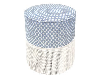 The Tight Round Ottoman : Tilly Print // Powder Blue | blue ottoman | round stool | upholstered ottoman |