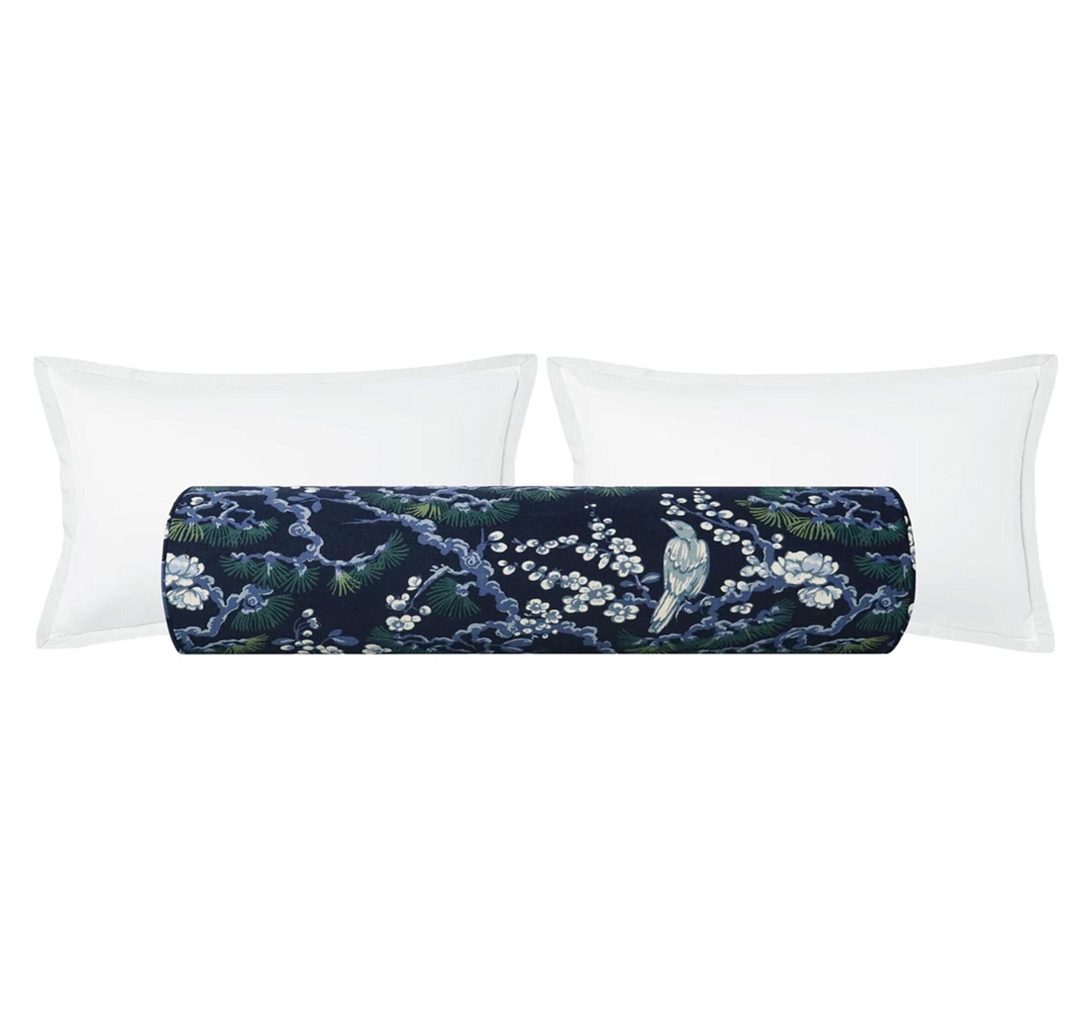 The Bolster : Trellis Linen Print // Navy Blue | chinoiserie print | bed decor | floral print | - KING 9" X 48" inches