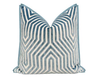 Schumacher Vanderbilt Velvet // Marine with Butterfly Flange pillow | designer fabric | geometrical print | home decor |