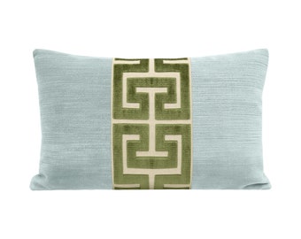 The Little Lumbar : Strie Velvet // Spa Blue + Greek Trim // Olive | trim pillow | abstract cut velvet | blue + olive |