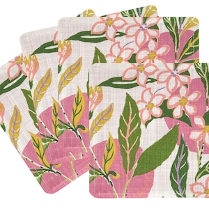 May include: Set of four pink and green floral coasters with a white background. The coasters feature a repeating pattern of pink flowers and green leaves.