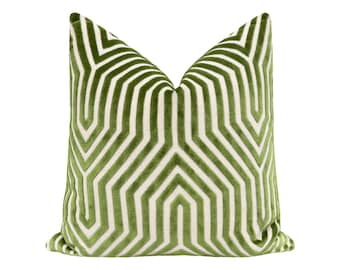 Schumacher Vanderbilt Velvet // Lettuce pillow | designer fabric | green geometric print | home decor |