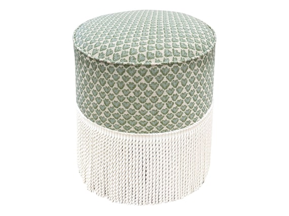 The Tight Round Ottoman : Sissy Print // Spa Blue | print | round | upholstered ottoman | vanity stool |