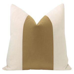 May include: A white pillow with a large, mustard yellow velvet stripe down the center.
