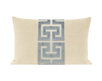 The Little Lumbar : Society Velvet // Cashmere + Greek Trim // Delft | trim pillow | abstract cut velvet | beige + blue |