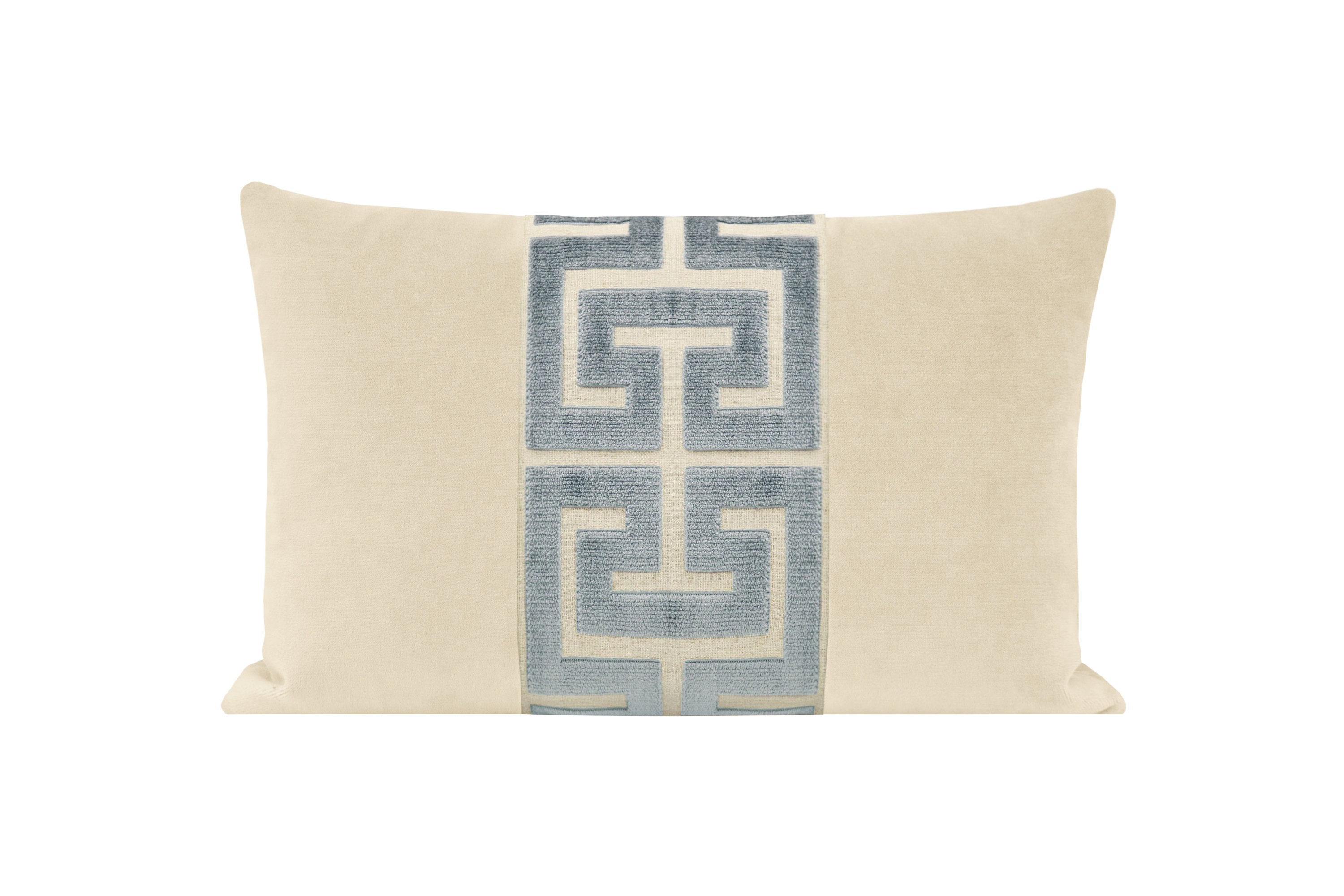 The Little Lumbar : Society Velvet // Cashmere + Greek Trim // Delft | trim pillow | abstract cut velvet | beige + blue |