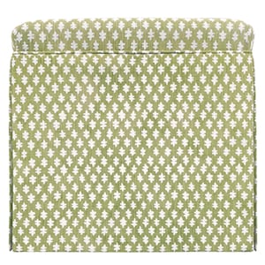 May include: A square, upholstered ottoman with a green and white geometric pattern. The fabric has a repeating design of white shapes on a green background. The top edge is slightly rounded.