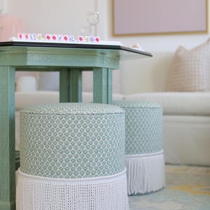The Tight Round Ottoman : Sissy Print // Spa Blue | print | round | upholstered ottoman | vanity stool | imagem 7