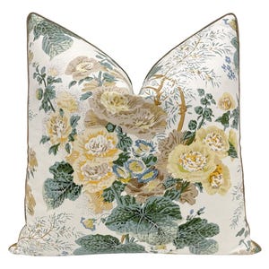 Lee Jofa Althea // Citron Pillow  | floral print | designer pillow | brass cord detailing |