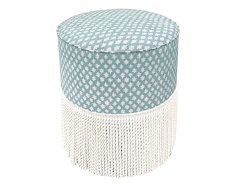 The Tight Round Ottoman : Tilly Print // Spa Blue | blue ottoman | round stool | upholstered ottoman |