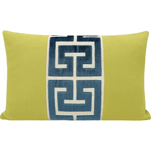 The Little Lumbar : Classic Linen // Chartreuse + Greek Trim // Navy | trim pillow | green linen | green + blue |