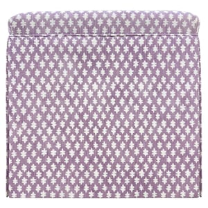 May include: A square ottoman with a lavender and white geometric pattern. The fabric features a repeating design of stylized floral shapes. The ottoman has a padded top and straight sides, suitable for seating or as a footrest.