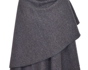 NAMSA - Cape in 100% Wolle, Farbe: Grau-Antrazit meliert, Capa, Ponchos, Schal, Umhang, Schultertuch, Tuch