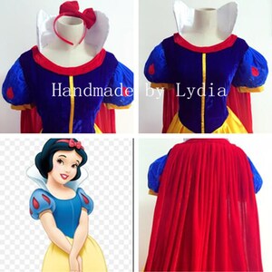 May include: Snow White costume for girls, featuring a blue velvet bodice with a yellow skirt, white puffed sleeves, a red cape, and a white collar with a red bow. The costume is handmade by Lydia.