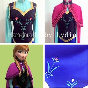 Peut inclure: Un costume d'Anna fait main du film La Reine des Neiges. Le costume comprend une robe bleue avec un gilet noir, une cape rose et une perruque brune avec une tresse. Le costume est décoré de flocons de neige et de fleurs.