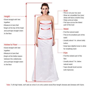 Puede incluir: Diagrama que muestra c&oacute;mo medir el busto, la cintura, las caderas, la altura y el hueco al suelo para un vestido de novia. El diagrama muestra a una mujer de pie con una cinta m&eacute;trica alrededor de su cuerpo. El texto incluye instrucciones sobre c&oacute;mo medir cada &aacute;rea.