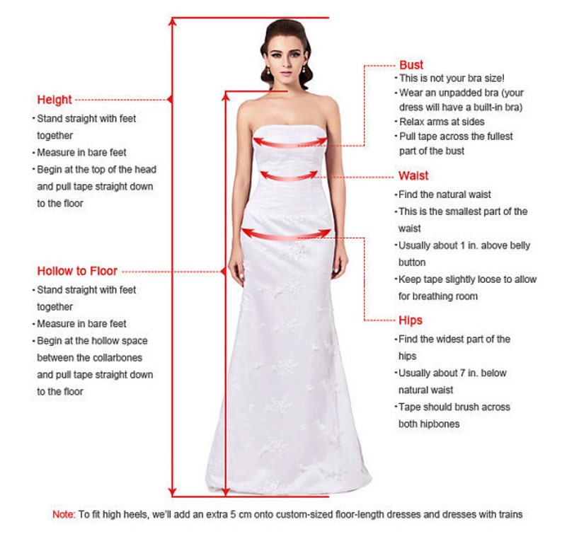 Puede incluir: Diagrama que muestra c&oacute;mo medir el busto, la cintura, las caderas, la altura y el hueco al suelo para un vestido de novia. El diagrama muestra a una mujer de pie con una cinta m&eacute;trica alrededor de su cuerpo. El texto incluye instrucciones sobre c&oacute;mo medir cada &aacute;rea.
