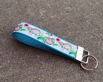 Watercolor Sloths Key Fob Wristlet! Sloth Keychain. Sloth Fabric Key Chain. Rainforest Animals. Cute Gift for Friend. Teacher Gift. Hibiscus