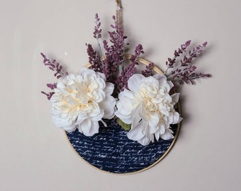Cream Purple Floral Hoop Decor. Floral Embroidery Hoop Wall Decoration. Navy Script Fabric. Boho Chic. Fall Farmhouse. Office Accessories