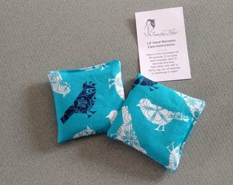 Lil Hand Warmers- Turquoise Birds Fabric. Microwaveable Reusable Hot Hands. Cold Pack Rice Bag. Sustainable Stocking Stuffer. Eco Friendly