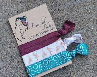 Wild Horse Feathers Creaseless Hair Tie Set. Raisin/Rose Gold Horses/Teal Geometric 3 Pack Elastic Hair Ties. Ponytail Holders. Friend Gift