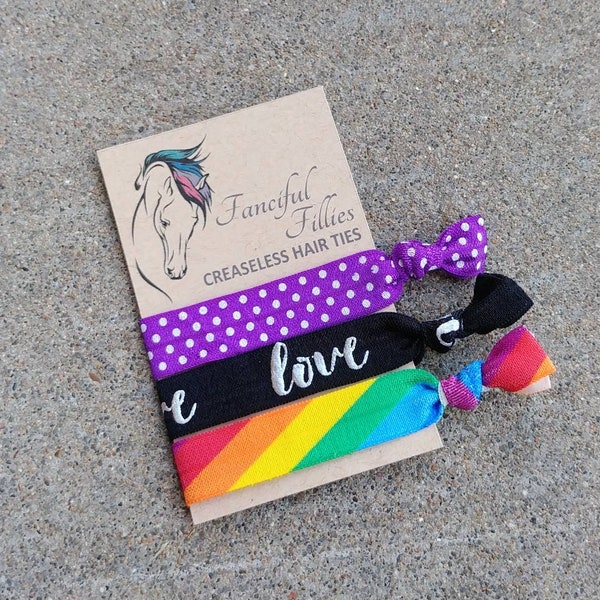 Love is Love Creaseless Hair Tie Set. Purple Polka Dot/Silver Love/Rainbow Stripe 3 Pack Elastic Hair Ties. Ponytail Holders. Friend Gift