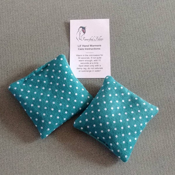 Lil Hand Warmers- Teal Polka Dots Flannel Rice Bags. Microwaveable Reusable Hot Hands. Cold Pack Rice Bag. Equestrian Gift. Eco Friendly