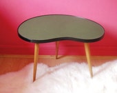 Formica side table  tripod  hairpin foot oak shape Bean 1950 mid century
