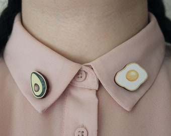Egg Avocado Wooden Pin Set, Fried Egg Avocado Collar Brooch, Breakfast Food Pin badge, Cute Food Art