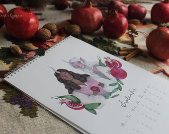 2026 Illustrated Wall Calendard, Seasonal Fantasy Art, Woodland Elves, Celestial Unicorns, Fairies