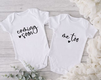 Twin Onesies Baby Twins Pregnancy Reveal Set Cute Matching Twin Outfits Twin Baby Reveal Coming Soon Twins Twins Pregnancy Announcement