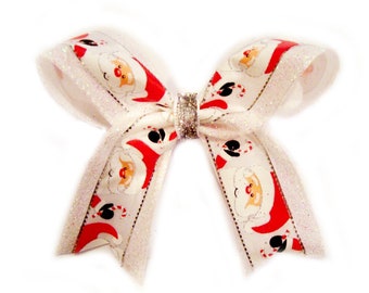 SMILING SANTA CLAUS on white glitter ribbon (large bow)