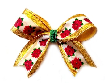 POINSETTIA FLOWERS on gold glitter ribbon (large bow)