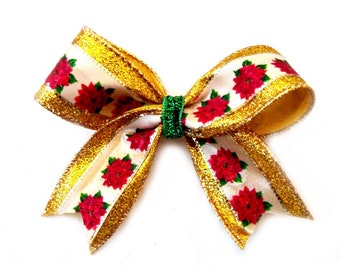 POINSETTIA FLOWERS on gold glitter ribbon (large bow)