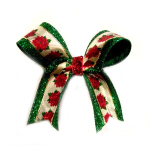 POINSETTIA flowers on green glitter ribbon (large bow)