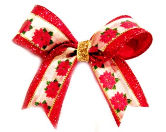 POINSETTIA FLOWERS on red glitter ribbon (large bow)