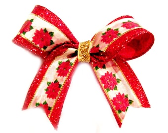 POINSETTIA FLOWERS on red glitter ribbon (large bow)