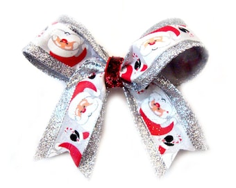 SMILING SANTA CLAUS on silver glitter ribbon (large bow)