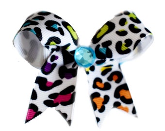 RAINBOW LEOPARD print ribbon (small bow)