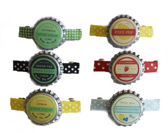 SODA POP CAP buttons on polka dot ribbon (small barrette)