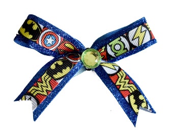 MARVEL SUPERHEROES on blue glitter ribbon (small bow)