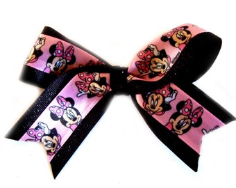 SMILING MINNIE MOUSE on black sparkly ribbon (large bow)