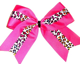 RAINBOW LEOPARD SPOTS on pink sparkly ribbon (extra large bow)