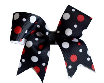 RED and white POLKA DOTS on black ribbon (large bow)