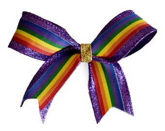 RAINBOW on purple glitter ribbon (large bow)