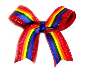 RAINBOW on red glitter ribbon (large bow)