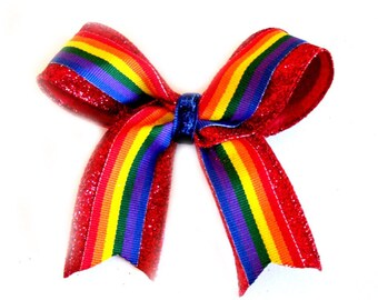 RAINBOW on red glitter ribbon (large bow)